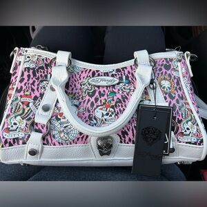 NWT Ed Hardy Pink Skull Print Satchel with White Trim-Y2K inspired